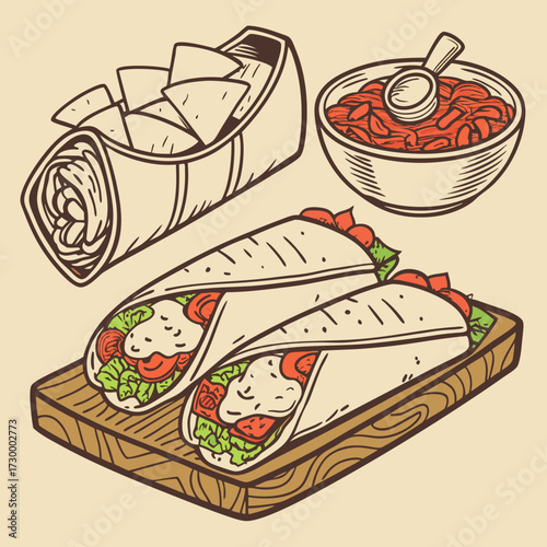 Mexican traditional food set burrito, tacos, chili, tomato, nachos. Engraving