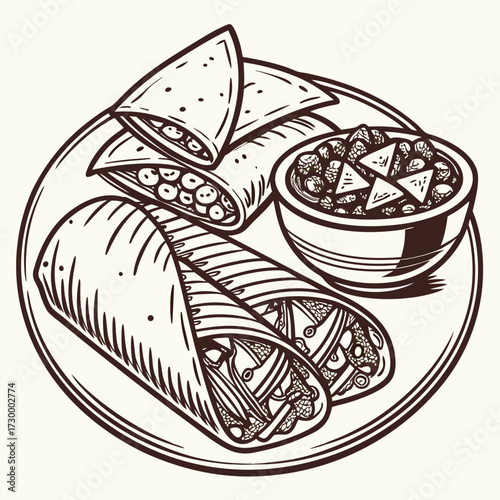Mexican traditional food set burrito, tacos, chili, tomato, nachos. Engraving