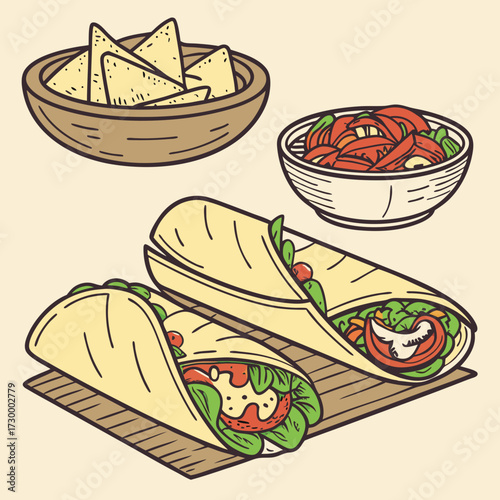 Mexican traditional food set burrito, tacos, chili, tomato, nachos. Engraving