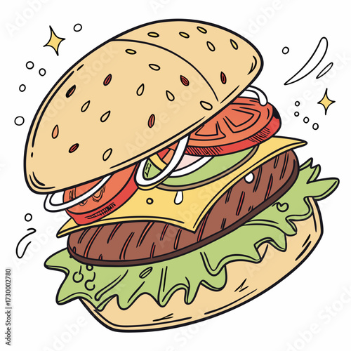 Cartoon Burger With Lettuce, Tomato, And Cheese. Vector Hand Drawn Illustration Isolated On Transparent Background