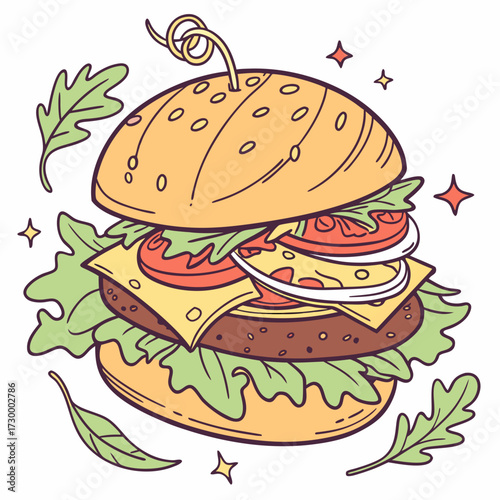 Cartoon Burger With Lettuce, Tomato, And Cheese. Vector Hand Drawn Illustration Isolated On Transparent Background