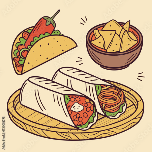 Mexican traditional food set burrito, tacos, chili, tomato, nachos. Engraving