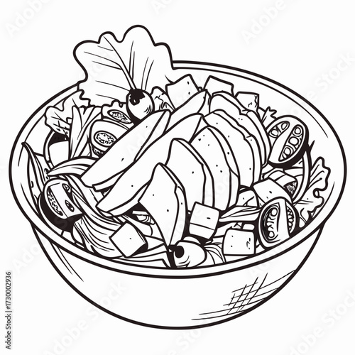 Caesar salad with chicken hand drawn engraving sketch Restaurant business concept Vector illustration.