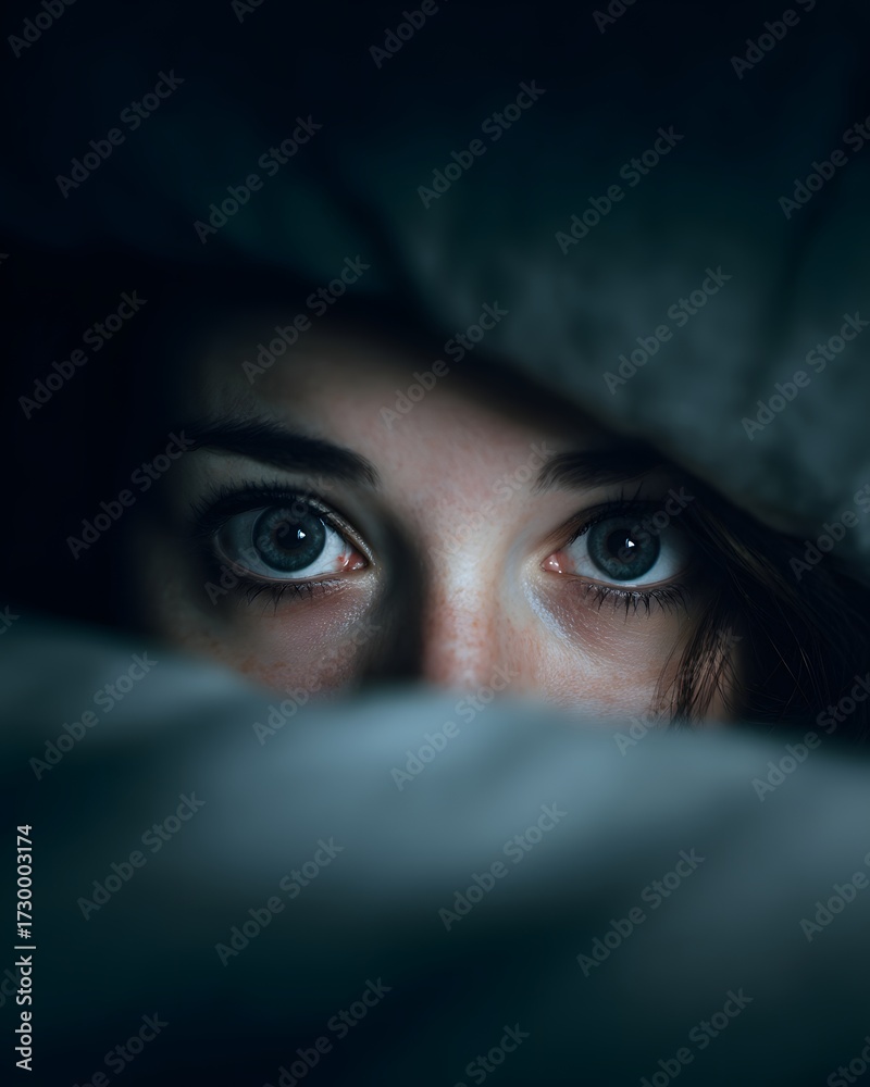 Naklejka premium Person lying awake at night wide eyes insomnia