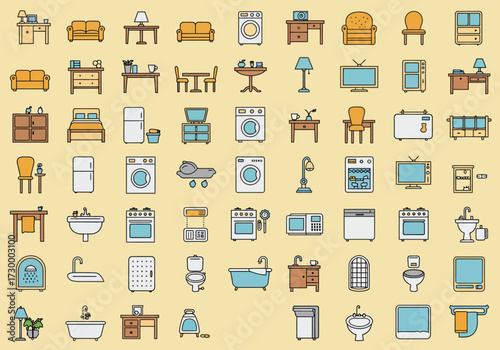 Vector art of a vibrant collection of home interior icons, showcasing essential elements like furniture, appliances, and decorative items, all rendered in a clean, modern style