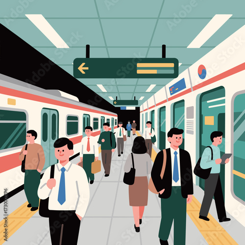 People commuting at subway station illustration