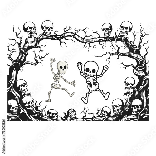 Halloween skeleton party scene with skulls and trees—vector design.