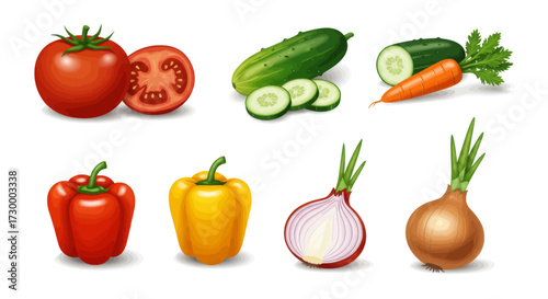 Fresh vegetables arranged in a collection, featuring tomatoes, cucumbers, carrots, bell peppers, and onions on a white background