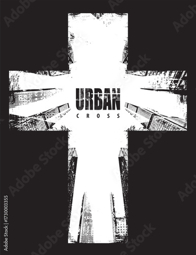 Vector banner with cross background of the citycape with elements architecture. Poster about urbanism, street art, digital technologies and religion. T-shirt design. No AI