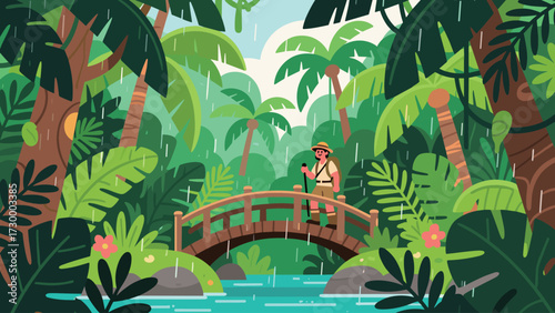 Rainy Jungle Adventure A Traveler on a Wooden Bridge