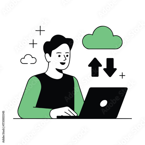 Vector art of a man working on a laptop with cloud computing symbols, he is smiling, indicating seamless data transfer and connectivity