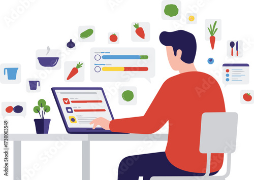 Online dietitian service and nutrition tracking application concept with a user planning a healthy meal on a laptop