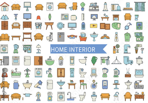 Vector art of a vibrant collection of home interior icons, showcasing essential elements like furniture, appliances, and decorative items, all rendered in a clean, modern style