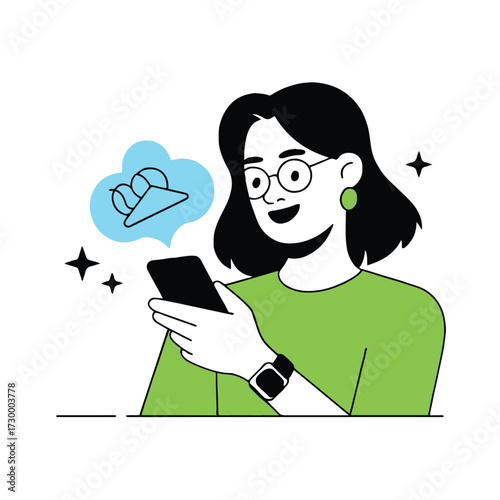 Vector art of a woman is using her smartphone to book a flight, she is wearing glasses and a smartwatch and smiling
