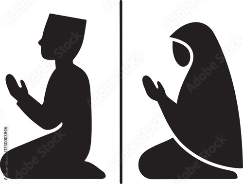 Muslim man and women prayer salah icon logo Silhouette Vector icon or logo Islamic Worship Salah Namaz Poses