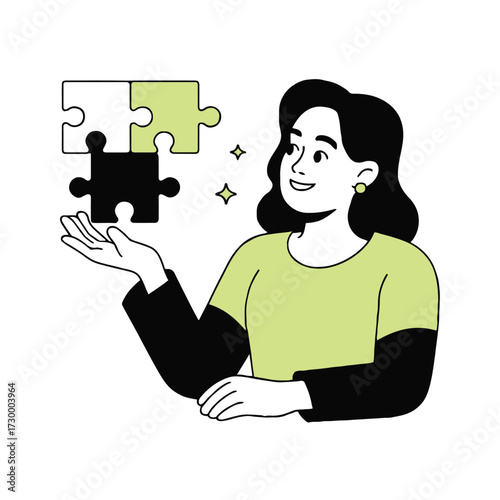Vector art of a woman presents puzzle pieces, symbolizing problemsolving, teamwork, and strategic thinking