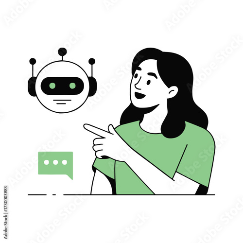 Vector art of a woman interacts with an ai chatbot, highlighting the use of virtual assistants for communication and support