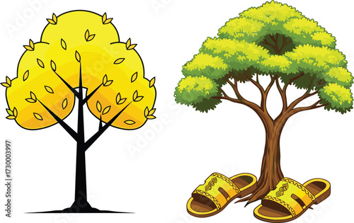 Stylized trees with yellow sandals, abstract and realistic foliage, nature contrast concept, eco fashion art, surreal environment, digital illustration design