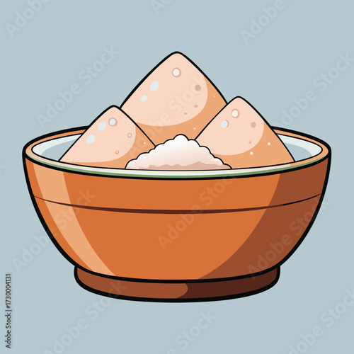 Bowl filled with three mounds of light brown powder on blue background ingredient food