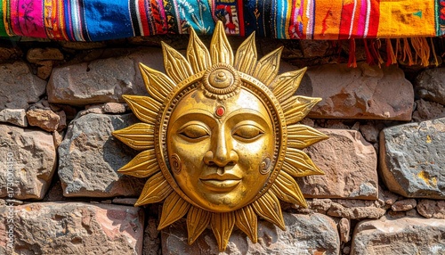 Inti Raymi Peru Golden Sun Mask on Inca Stone Wall with Decorations