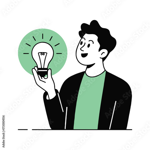 Vector art of a man is holding a light bulb, symbolizing a bright idea and innovation, it represents creativity and problemsolving