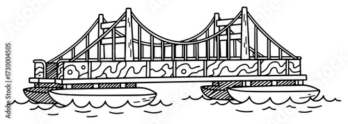 Pontoon Bridge over a Water in a Sketch Style