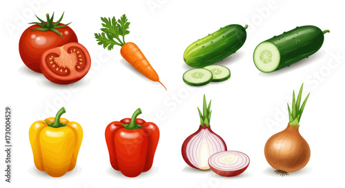 Set of fresh vegetables including tomatoes, carrots, cucumbers, bell peppers, and onions, perfect for healthy eating and cooking