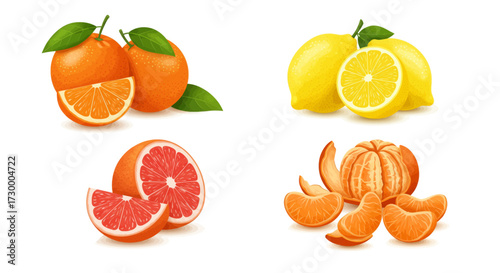 Fresh citrus fruits collection including oranges, lemons, grapefruits and mandarins