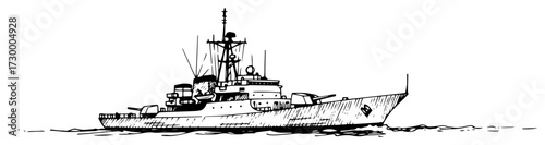 Military Warship Sailing on The Sea Sketch