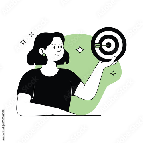Vector art of a woman holding a target with an arrow in the center, symbolizing success and achievement, the illustration is simple and modern