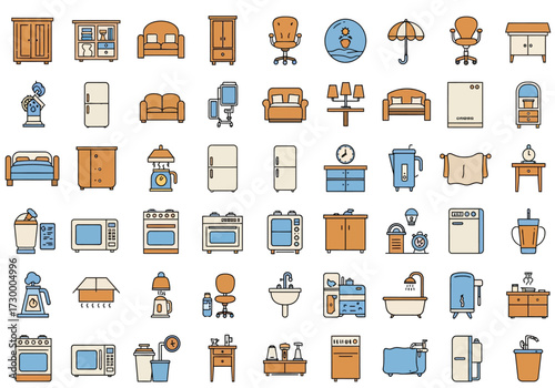Vector art of a vibrant collection of home interior icons, showcasing essential elements like furniture, appliances, and decorative items, all rendered in a clean, modern style