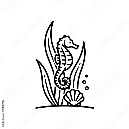 black and white icon featuring two or three dominant seagrass blades. Subtle silhouettes of dependent marine life (like small fish or crustaceans) are cleverly integrated between or around the blades
