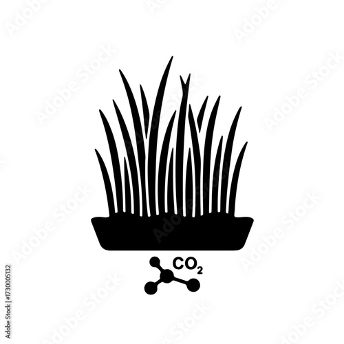 A striking black and white icon showing a healthy cluster of seagrass blades standing tall and straight from the seabed. A small CO2 symbol is subtly incorporated
