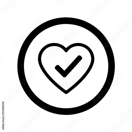 Minimalist black and white icon featuring a simple check mark (tick) safely enclosed within a heart shape, all surrounded by a circle. This clear, modern graphic symbolizes approval