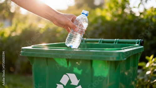Hand placing plastic bottle in recycling bin