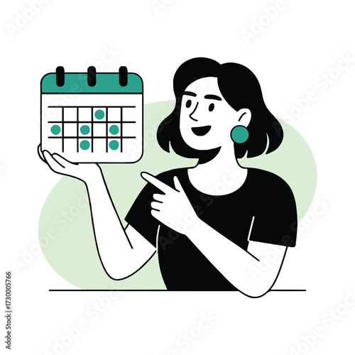 Vector art of a woman is pointing to a calendar she is smiling and seems to be happy about something she sees on the calendar