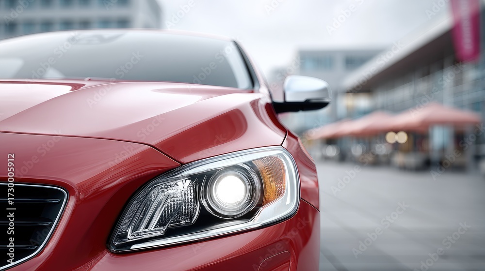 Fototapeta premium Close Up Detail of Red Car Headlight Displaying Illuminated Brightness in Daytime Outdoors