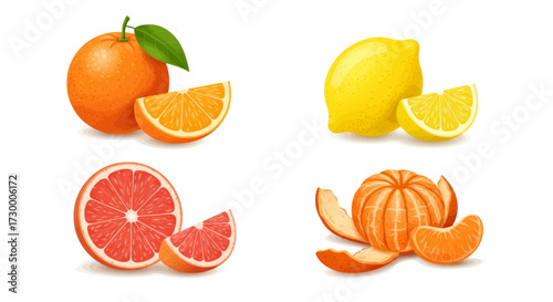 Fresh citrus fruits collection oranges, lemons, grapefruits and tangerines isolated on white