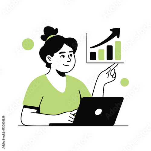 Vector art of a woman presents a bar graph on a laptop, symbolizing business growth and success, a modern illustration