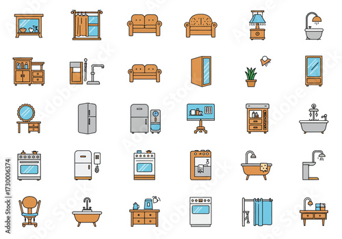 Vector art of a vibrant collection of home interior icons, showcasing essential elements like furniture, appliances, and decorative items, all rendered in a clean, modern style