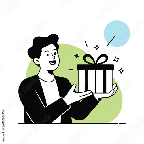 Vector art of a smiling man with a gift box in his hands, representing the happiness of giving and receiving presents during special occasions