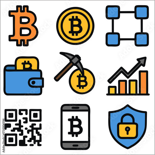 Flat Crypto & Bitcoin Icons, Minimalist Blockchain Vector Set