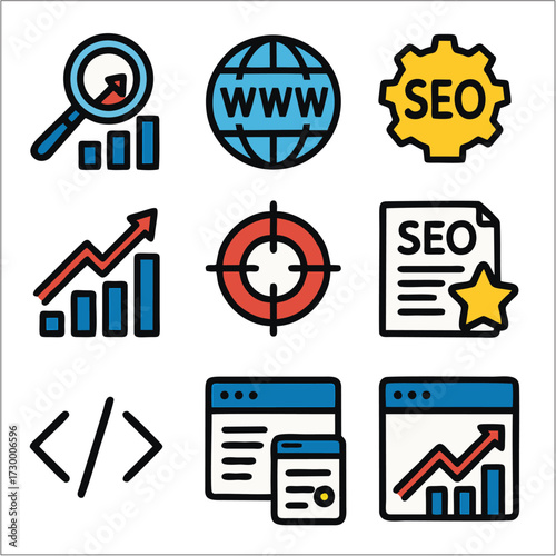 Flat SEO Icons, Minimalist Search Engine Optimization Vector Set