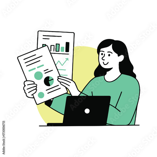 Vector art of a woman analyzes data on a laptop and documents, showcasing business analytics and datadriven decisionmaking