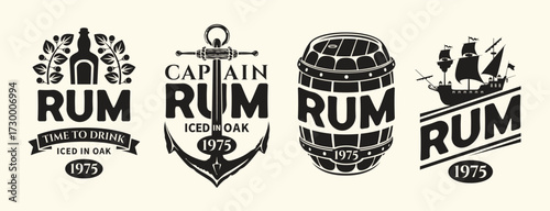 Vector set labels for a bottle of rum on an old paper background. With a barrel, ship, anchor, corkscrew, laurel wreath. Logo in vintage style. Coaster. AI is not used
