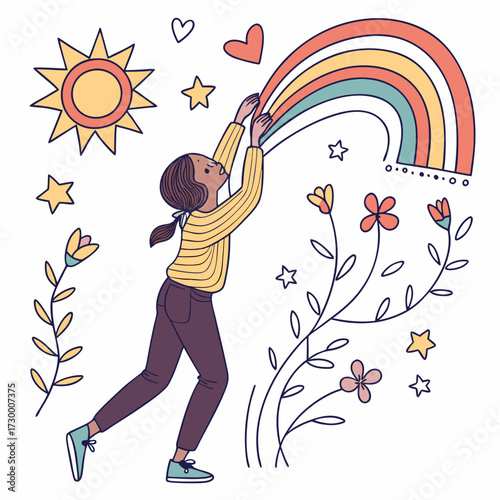 Kids line doodle scribble vector features scribble, stars, arrows, flowers, hearts, waves, spirals, rainbow, sun. Perfect for design, illustration, decoration, creativity, fun