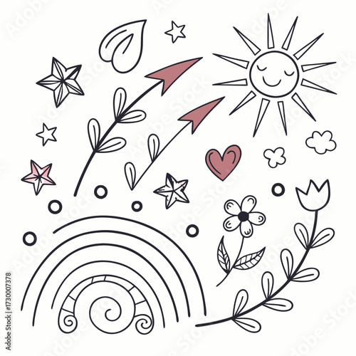 Kids line doodle scribble vector features scribble, stars, arrows, flowers, hearts, waves, spirals, rainbow, sun. Perfect for design, illustration, decoration, creativity, fun