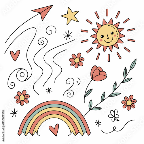 Kids line doodle scribble vector features scribble, stars, arrows, flowers, hearts, waves, spirals, rainbow, sun. Perfect for design, illustration, decoration, creativity, fun