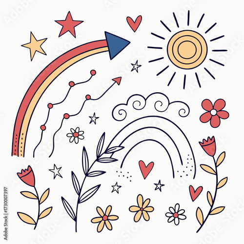 Kids line doodle scribble vector features scribble, stars, arrows, flowers, hearts, waves, spirals, rainbow, sun. Perfect for design, illustration, decoration, creativity, fun