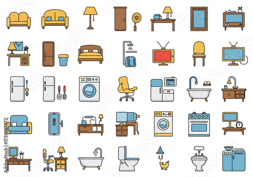 Vector art of a vibrant collection of home interior icons, showcasing essential elements like furniture, appliances, and decorative items, all rendered in a clean, modern style